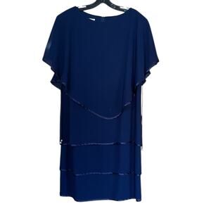 Vintage Patra Size 14 Navy Blue Tiered Sheer Layer Short Sleeve Formal Dress